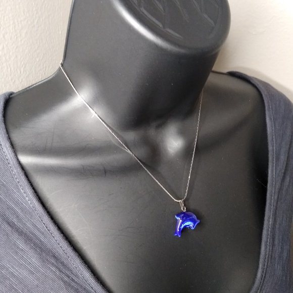 Glass Blue Dolphin Pendant Necklace 15.5 Inches - Picture 3 of 16